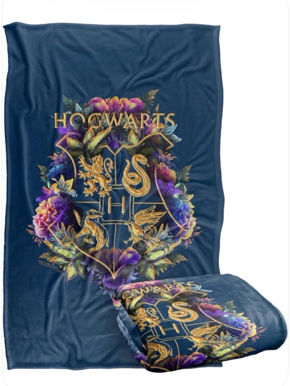 Warner Bros. Hogwarts Plush Throw Blanket - Navy with Gold and Purple Accents
